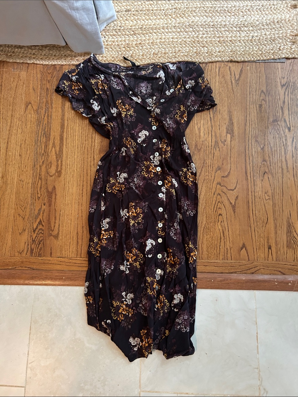 knot sisters Black Floral Button-Down Midi Dress with Mustard Accents
